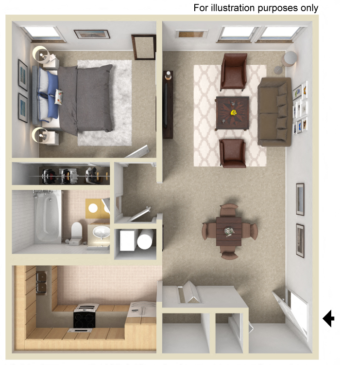 a 3d floor plan of a house with a bedroom and a living room